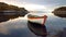 Wooden row boat on mountain lake or sea bay, scenic idyllic view, generative AI