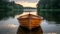 Wooden rowing boat bobs gently on still lake, inviting reflection and relaxation in embrace of serene waters, Ai Generated