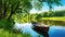 Wooden rowing boat on a calm lake in summer