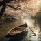 wooden rowing boat with oar, peacefully floating under the shade of a lush