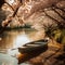 wooden rowing boat with oar, peacefully floating under the shade of a lush