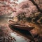 wooden rowing boat with oar, peacefully floating under the shade of a lush