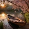 wooden rowing boat with oar, peacefully floating under the shade of a lush