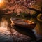 wooden rowing boat with oar, peacefully floating under the shade of a lush