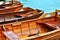 Wooden rowing boats on a wooden pier.Boats on the lake at morning