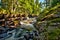 Wooden ruins at a river at Swedish rapids