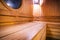 Wooden russian bathhouse sauna benches in hospital recreational room,