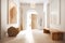 Wooden rustic bench in scandinavian minimalist style interior design of modern entrance hall with door. Created with generative AI