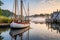 wooden sailboat docked in serene harbor setting