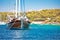 Wooden sailboat in turquoise bay of Hvar archipelago, Palmizana in Pakleni Otoci islands