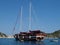 Wooden sailboat. Wooden yatch. Sailing vessel.