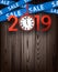 Wooden sale 2019 background with red clock and ribbons.