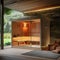 A Wooden Sauna With A Glass Door Is Sitting On A Wooden Deck