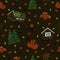 Wooden scandinavian houses, trees, pumpkins, spiders, web, leaves, mushrooms seamless pattern