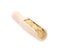 Wooden scoop with aromatic mustard powder on white background