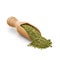 Wooden scoop full of matcha powder isolated on white
