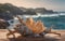 Wooden sculpture with dried leaves on a wooden table with sea background