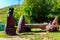 Wooden sculpture of mace of epic hero Ilya Muromets in Karacharovo village near Murom, Russia