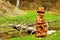 Wooden sculpture of a waterman at a wooden bridge at the river