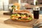Wooden serving plate with yummy sandwich on table