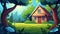 The wooden shack in the forest or garden. Summer cartoon of wooden farmhouse, cottage, or village with porch, green lawn