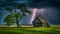 Wooden shack stands in a dramatic landscape with lightning storm behind