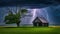 Wooden shack stands in a dramatic landscape with lightning storm behind