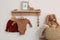 Wooden shelf with baby clothes, toys and accessories in room. Interior design