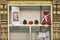 Wooden shelf with Christmas accessories, indoor festive home decor, holiday and congratulations concept