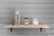 Wooden shelf with decoration ornament on vintage plank wallpaper