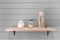 Wooden shelf with decoration ornament on vintage plank wallpaper