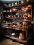 Wooden shelf filled with copper-brass pots and pans still life. AI generated