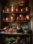 Wooden shelf filled with copper-brass pots and pans still life. AI generated