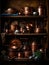 Wooden shelf filled with copper-brass pots and pans still life. AI generated
