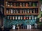 A wooden shelf filled with jars and jars. AI generative image.
