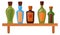 Wooden shelf with glass bottles. Cartoon alcohol bar