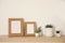 Wooden shelf with houseplants and photo frames on wall