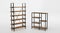 Wooden shelfs with metal base in angle view. Blank racks in loft style for interior home or office, modern design