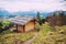 Wooden shelter at lookout point Krepelschrofen summit, Wallgau landscape bavaria