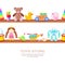 Wooden shelves with different kids toys, isolated illustration. Horizontal seamless vector white background
