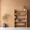 Wooden shelving unit, bookcase near beige stucco wall with copy space. Storage organization for home. Interior design