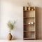 Wooden shelving unit, bookcase near beige stucco wall with copy space. Storage organization for home. Interior design