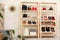 Wooden shelving unit with different shoes and accessories in stylish room