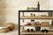 Wooden shelving unit with wine