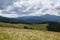 Wooden shepherds houses on pasture. Carpathian mountains, Ukraine