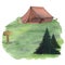 Wooden shields, arrows, pointers. Fir tree, spruce. Green glade, field, edge. Tarp canvas tent for camping. Watercolor