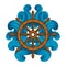 Wooden ships wheel encircled with blue waves.