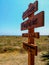 Wooden sign with arrows indicating the way to the beach