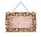 Wooden sign carved frame with chain hanging on white