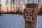 Wooden sign of lynx in winter landscape, walking trail sign leading to lynx sanctuary in Harz Mountains, Germany